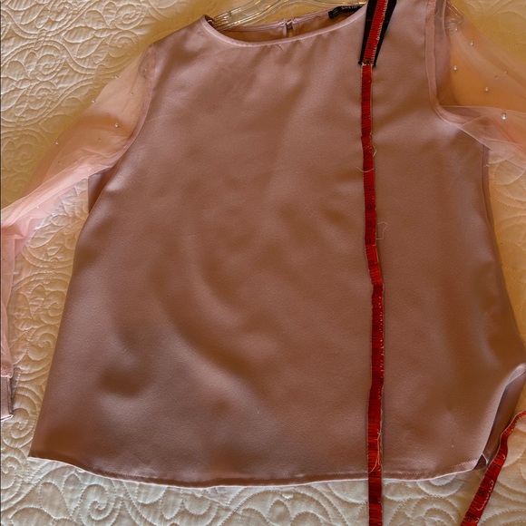 Elegant Pink Women's Top with Pearl beaded Sheer Sleeves • L - Picture 6 of 6